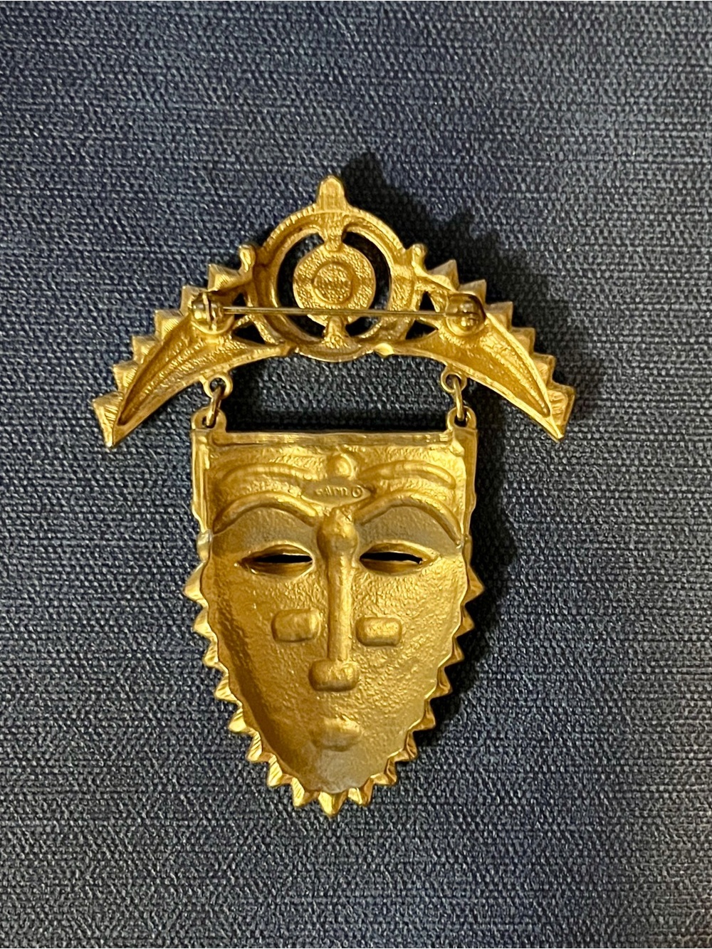 3” Gold-Tone Aztec Mask Pendant with Green & Red Accents - Picture 3 of 3
